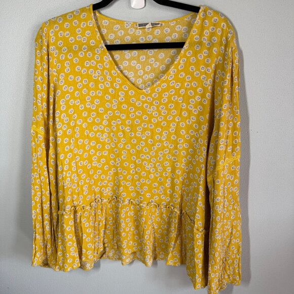 Pleione Yellow Floral Tiered V-Neck Blouse Womens Large Boho Peasant Relaxed - Picture 1 of 12